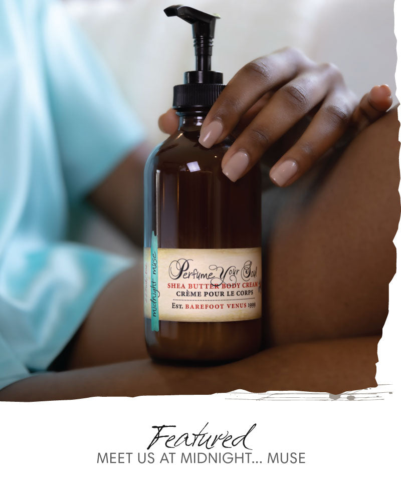 Person holding a bottle of Barefoot Venus Midnight Muse body cream with text 'Featured - meet us at midnight... muse'.