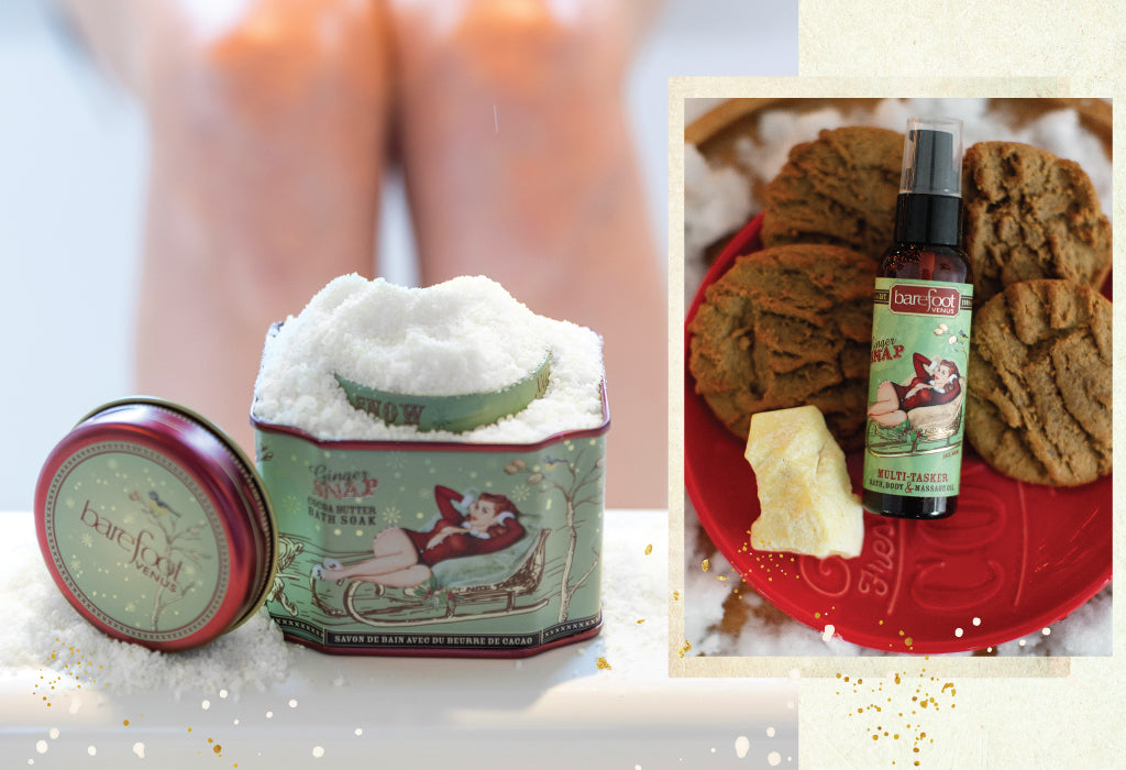 Tin of Barefoot Venus Ginger Snap bath soak full of snow with an overlay image of Barefoot Venus Ginger Snap multi-tasker with cookies and shea on a red plate.
