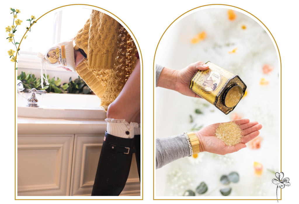 Person pouring Barefoot Venus Mustard Bath, bath soak in a canvas bag into a bath tub and a person pouring a tin of Barefoot Venus Mustard Bath, bath soak into their hand over a bath tub. Both images are surrounded by decorative frames.