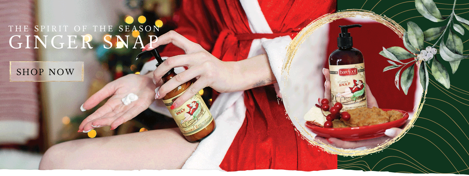 Person applying ginger snap product with festive background and text overlay