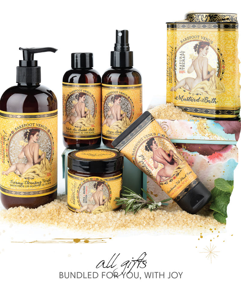 Mustard Bath products displayed with yellow label and vintage design. Text overlay reads 'all gifts - BUNDLED FOR YOU, WITH JOY'.