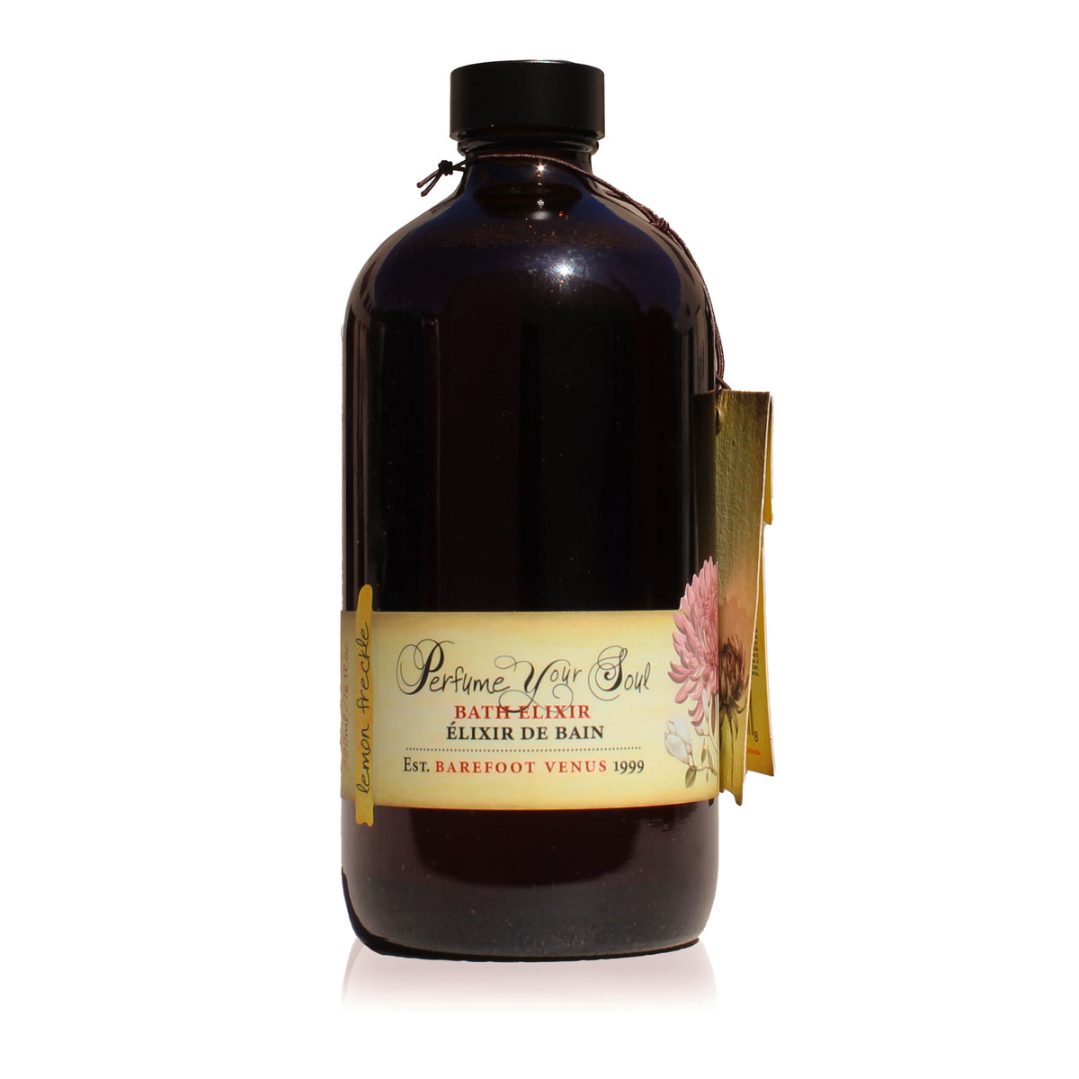 Bottle of Barefoot Venus bath elixir with a label on a white background