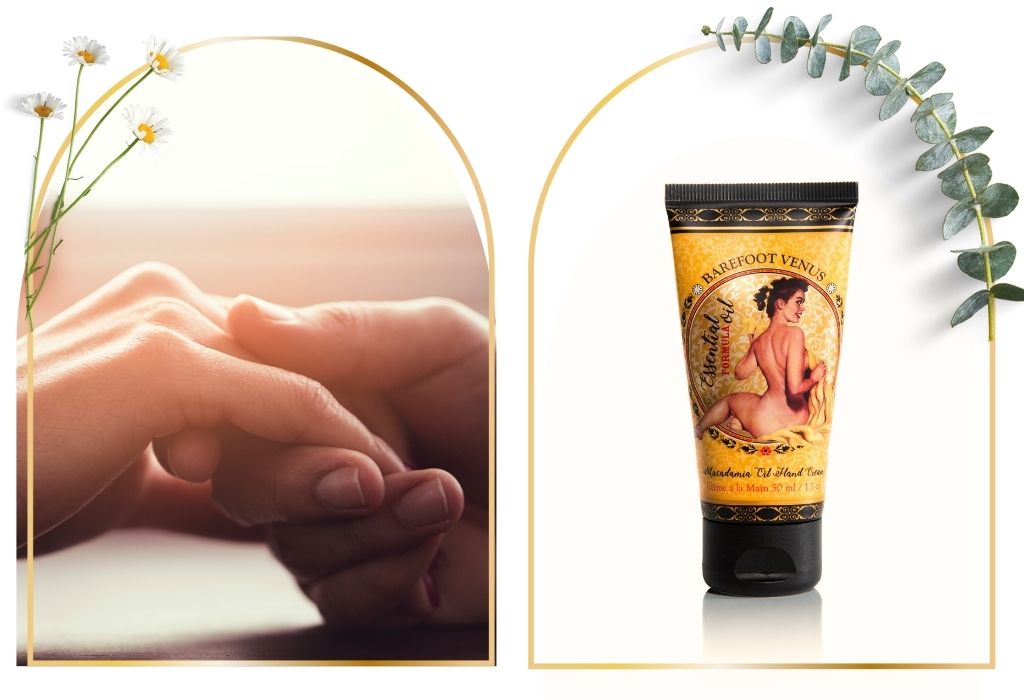 Person holding another person's hand and a tube of Barefoot Venus Essential Oil hand cream with a white background. Both images are surrounded by decorative frames.