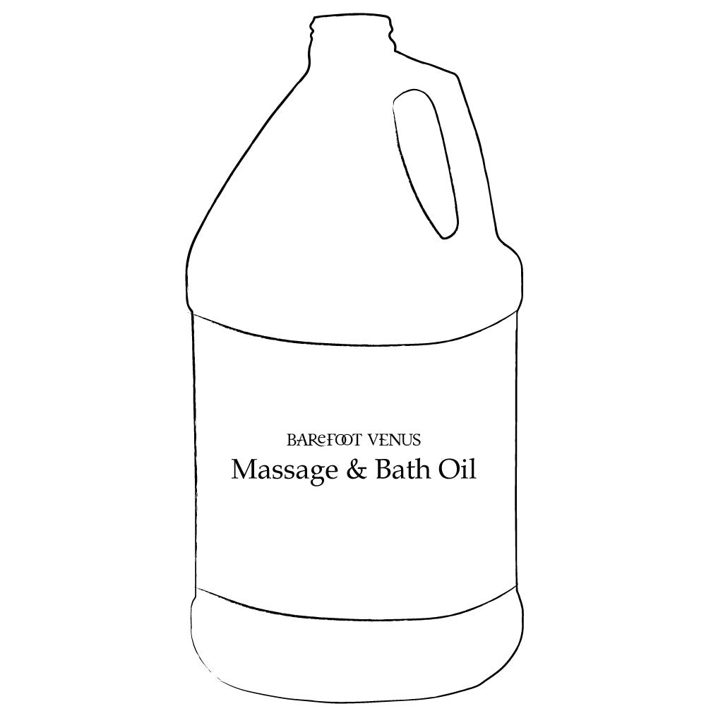 Simple line illustration of a 1 gallon jug of massage & bath oil from Barefoot Venus.