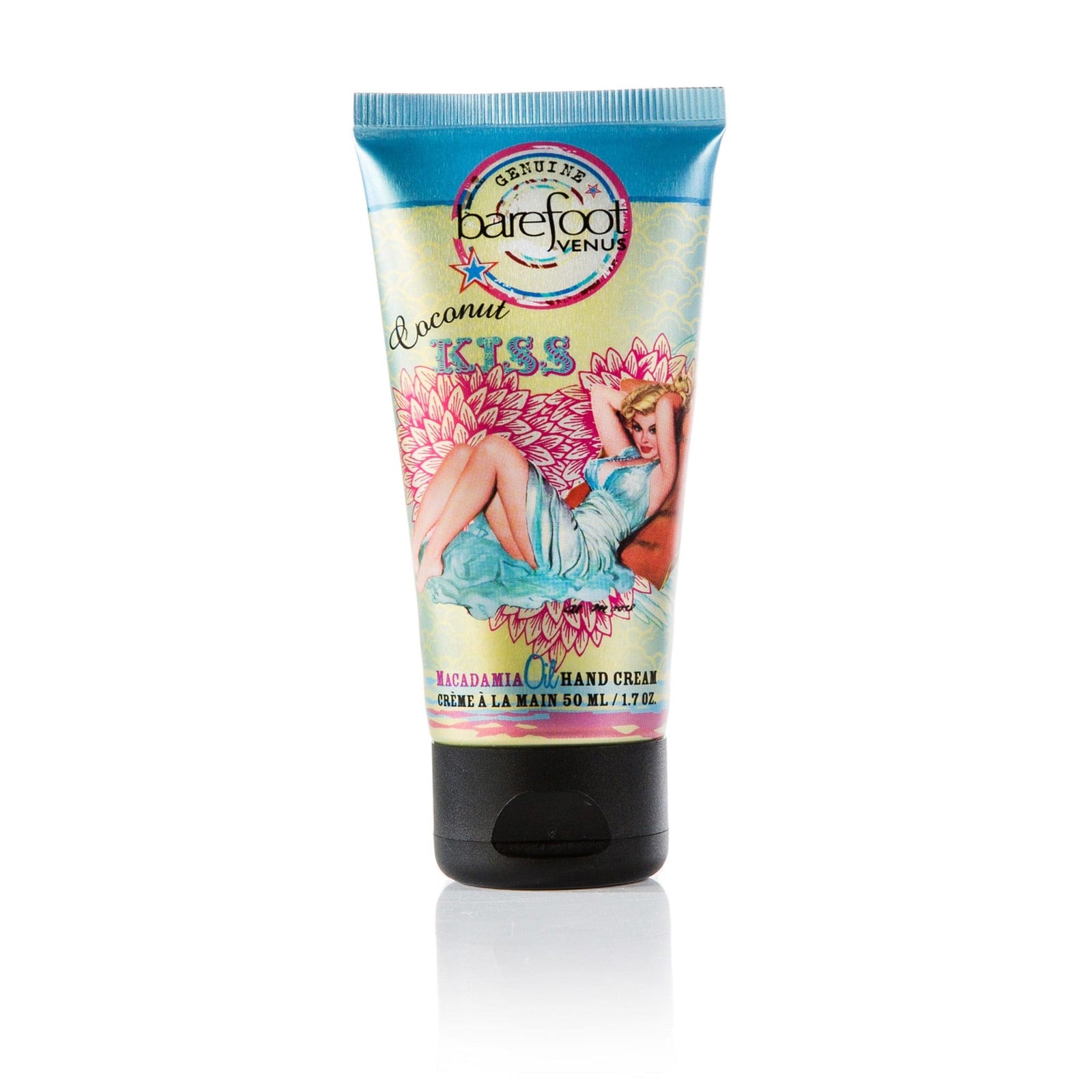 A tube of Apricot Brandy macadamia oil hand cream with a label featuring illustrations of a tiger and woman.